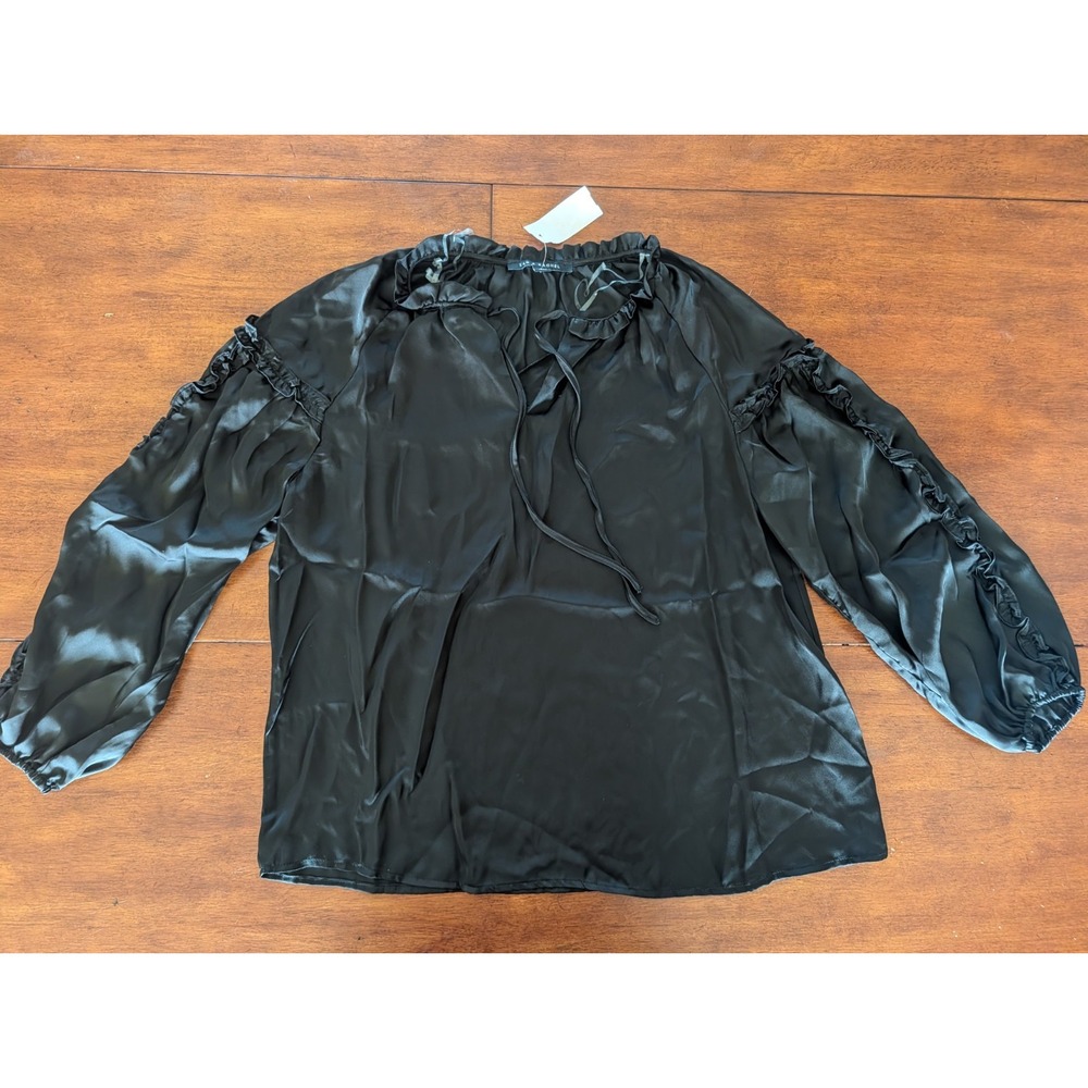 Zac & Rachel Black Ruffle V-Neck Silky Satin Blouse Top NWT Size S